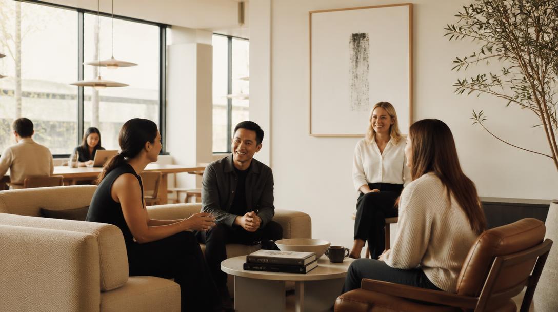 Modern office lounge with people meeting, representing the CHRO's focus on talent and culture.