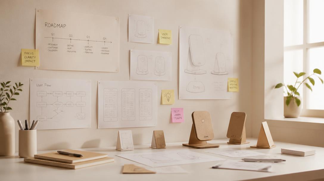 Product design studio with paper prototypes and roadmap sketches, representing the CPO's product vision.